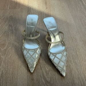 Zara Silver Rhinestone Perspex Clear Pointed Mules Women's Heels